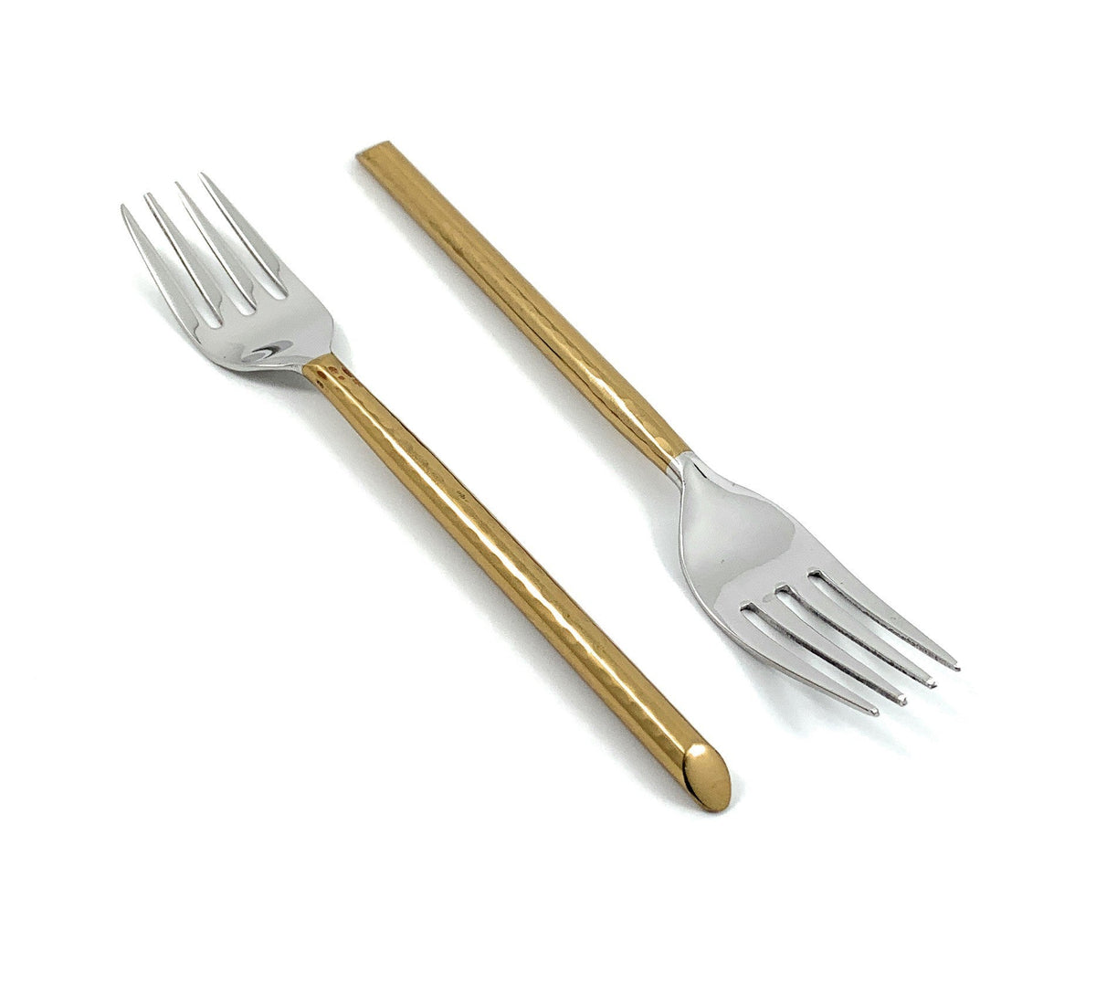 Two dinner forks with golden cylindrical handles and polished silver tines, shown on a white background at slight angles.