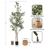 Eight-foot tall artificial eucalyptus tree with green leaves in woven basket planter, shown with assembly detail and included moss and planter dimensions.