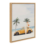 Framed canvas shows a yellow vintage car on a white sandy beach with two palm trees and a surfboard leaning against the car under a blue sky.