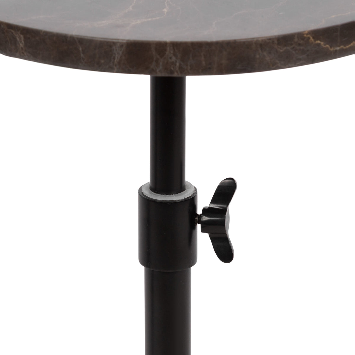 Close-up of a round brown marble tabletop with a subtle white veining pattern, supported by a black adjustable metal stand featuring a wing nut locking mechanism.