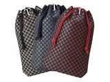 Three drawstring pouches with checkered diamond patterns in black and beige, navy blue and light blue, and black and red, arranged side by side on white background.