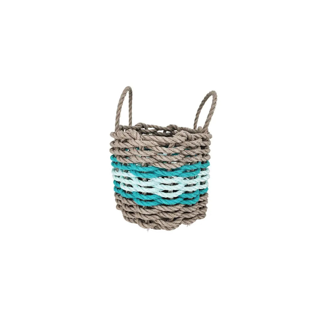 Lobster rope basket in tan and seafoam colors with teal accents, shown in multiple sizes