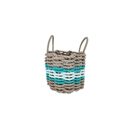 Lobster rope basket in tan and seafoam colors with teal accents, shown in multiple sizes