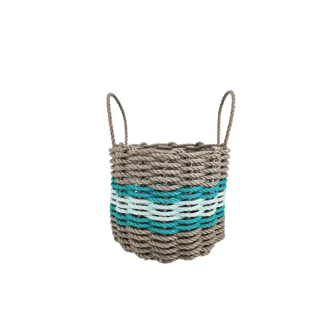 Lobster rope basket in tan and seafoam colors with teal accents, shown in multiple sizes