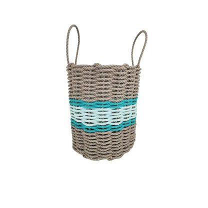 Lobster rope basket in tan and seafoam colors with teal accents, shown in multiple sizes