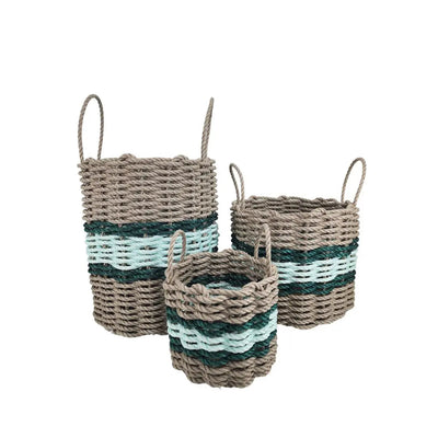 Lobster rope basket in tan and seafoam colors with hunter green accents, shown in various sizes