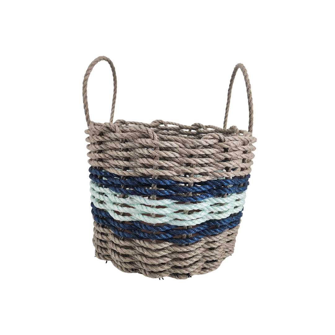 Lobster rope basket in tan and seafoam colors with navy accents, shown in multiple sizes