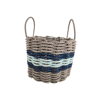 Lobster rope basket in tan and seafoam colors with navy accents, shown in multiple sizes