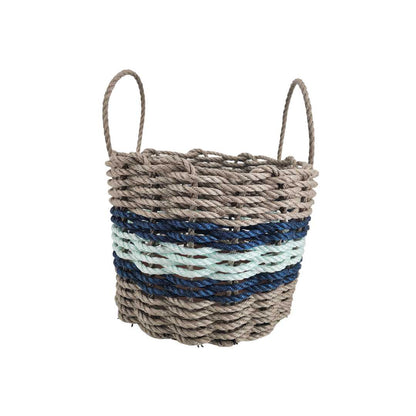 Lobster rope basket in tan and seafoam colors with navy accents, shown in multiple sizes