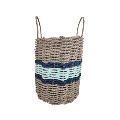 Lobster rope basket in tan and seafoam colors with navy accents, shown in multiple sizes