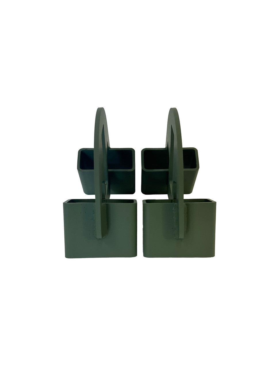 Two symmetrical dark green rectangular stands with vertical handles in the center, shown frontally on a white background.
