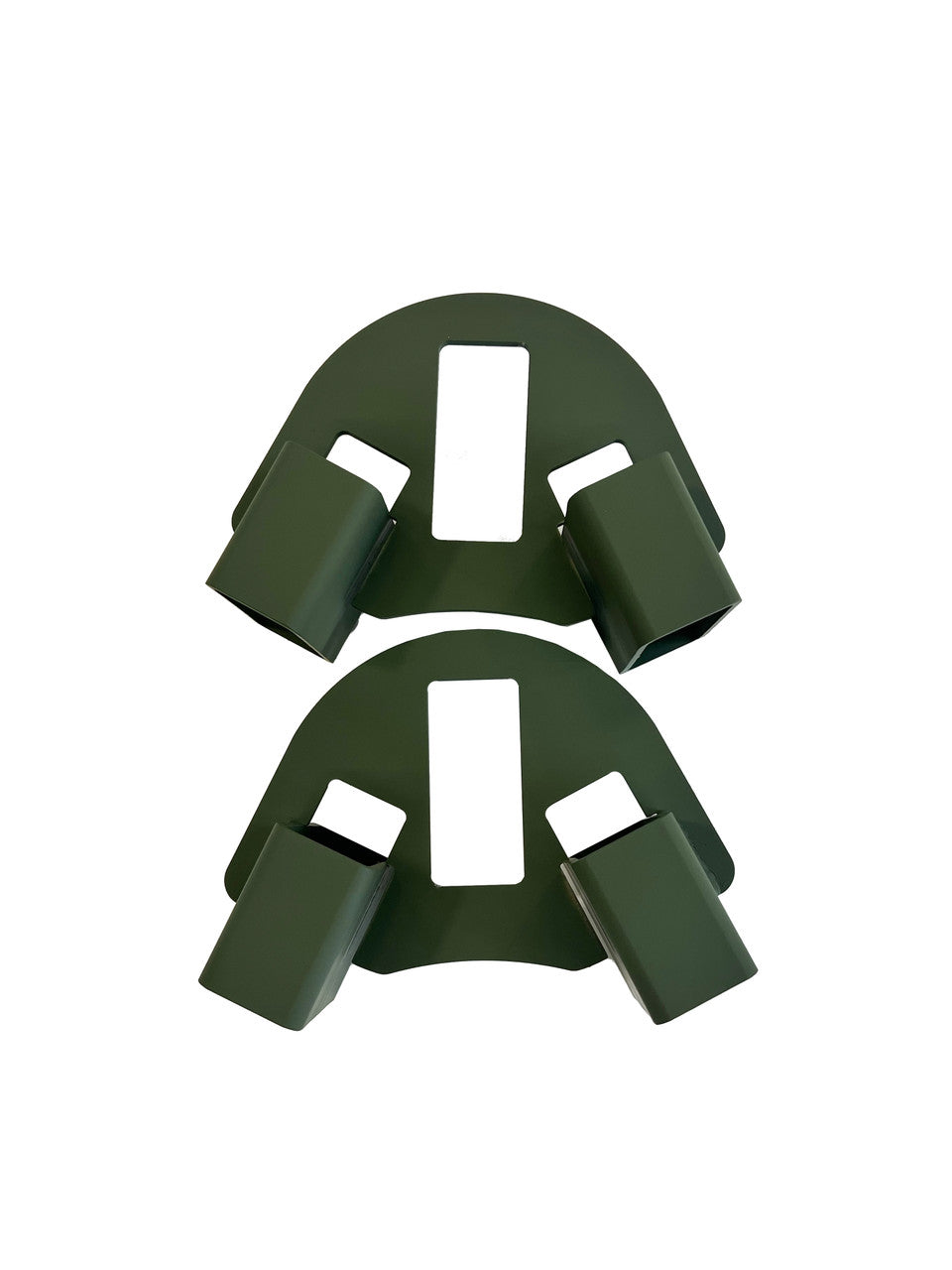 Two dark green metal quick stands with rectangular and angled cutouts, designed for holding objects securely in place, shown on a white background.