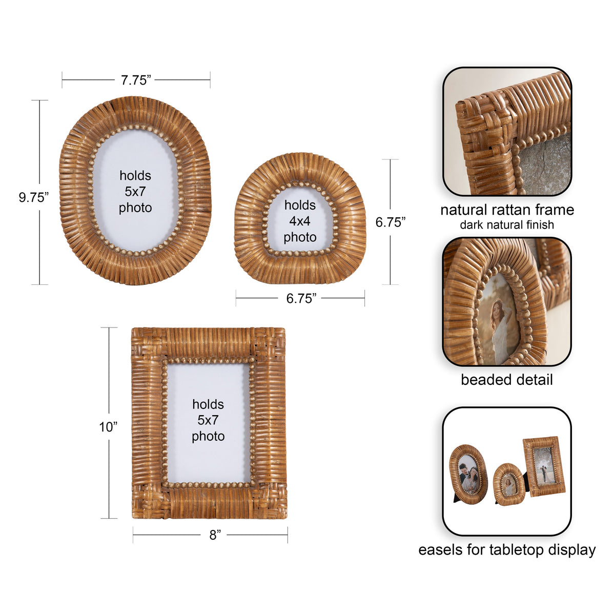 Set of three natural rattan tabletop photo frames with dark finish, including oval, triangular, and rectangular shapes featuring beaded details and easels for display.