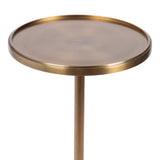 Round polished metal side table with a shallow lip edge and single central cylindrical leg in warm bronze finish.