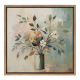 Abstract floral painting with a mix of pastel-colored leaves and flowers in a green vase against a soft, muted background in earthy tones.