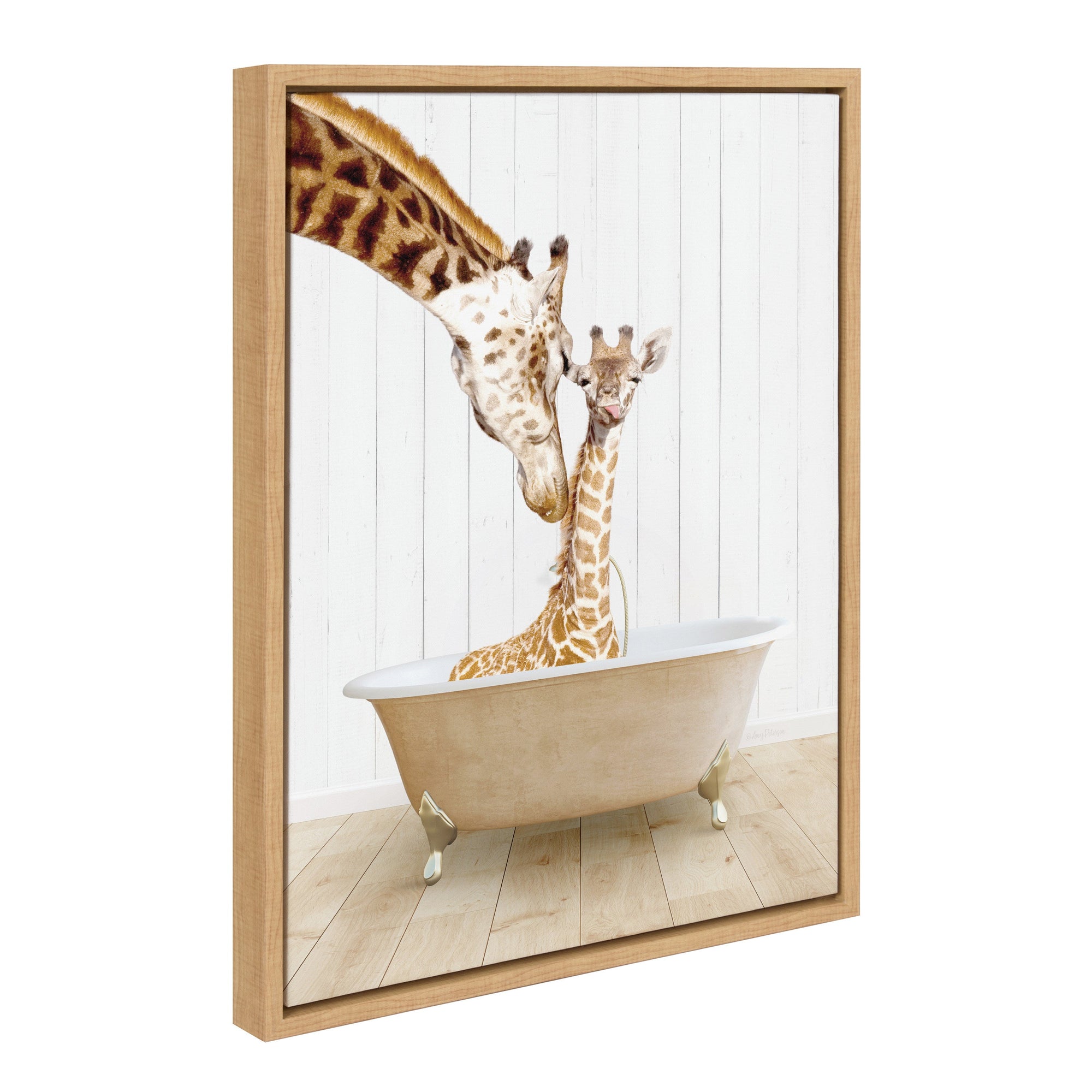 Sylvie Mother and Baby Giraffe Farmhouse Bath Framed Canvas by kateandlaurel - main product image for Resin Society