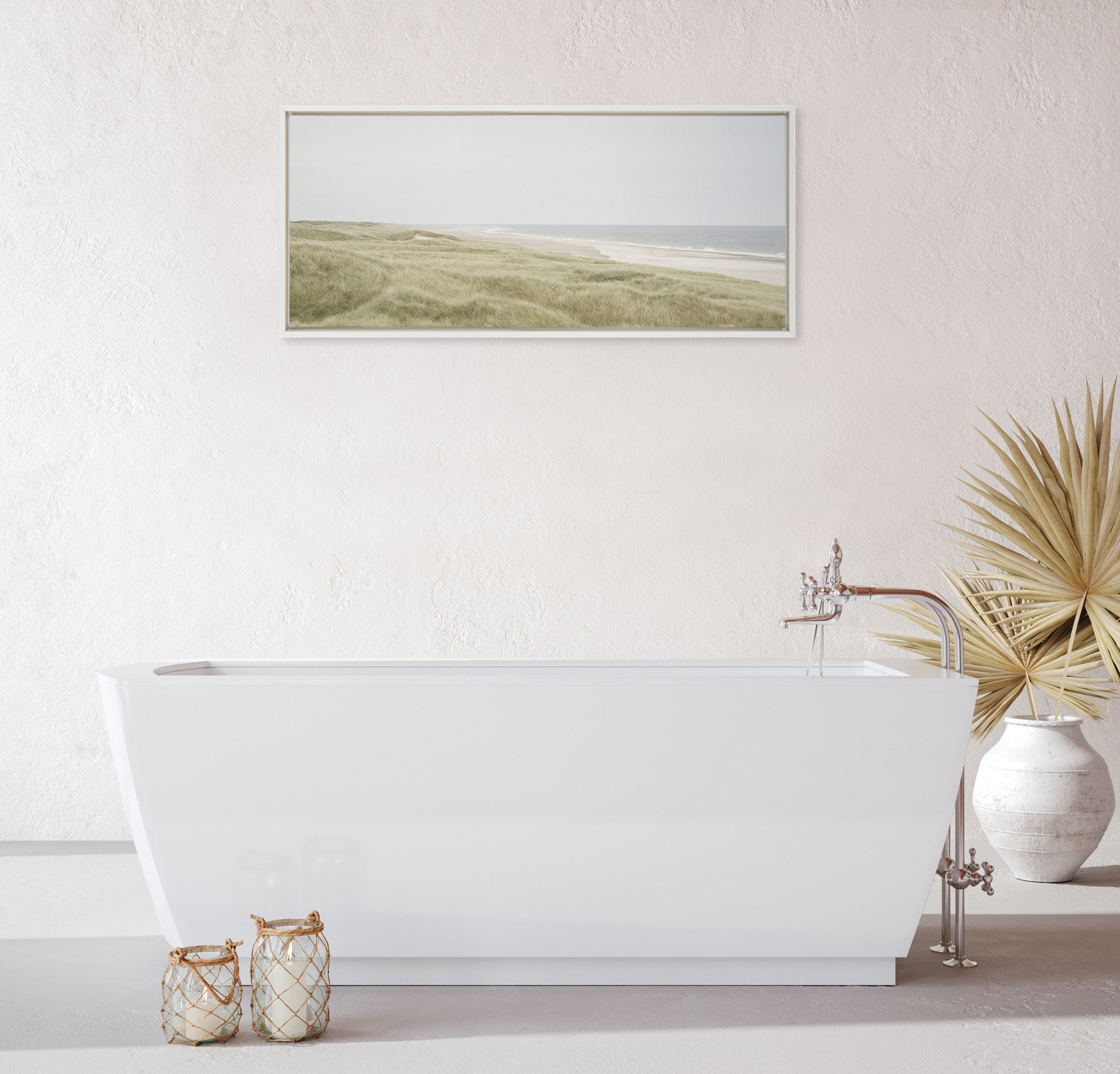Sylvie Peaceful and Serene Coastal Landscape Framed Canvas by The Creative Bunch Studio