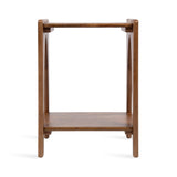 Minimalist wooden side table with rectangular top and lower shelf, supported by four vertical legs with rounded edges, in warm brown finish.