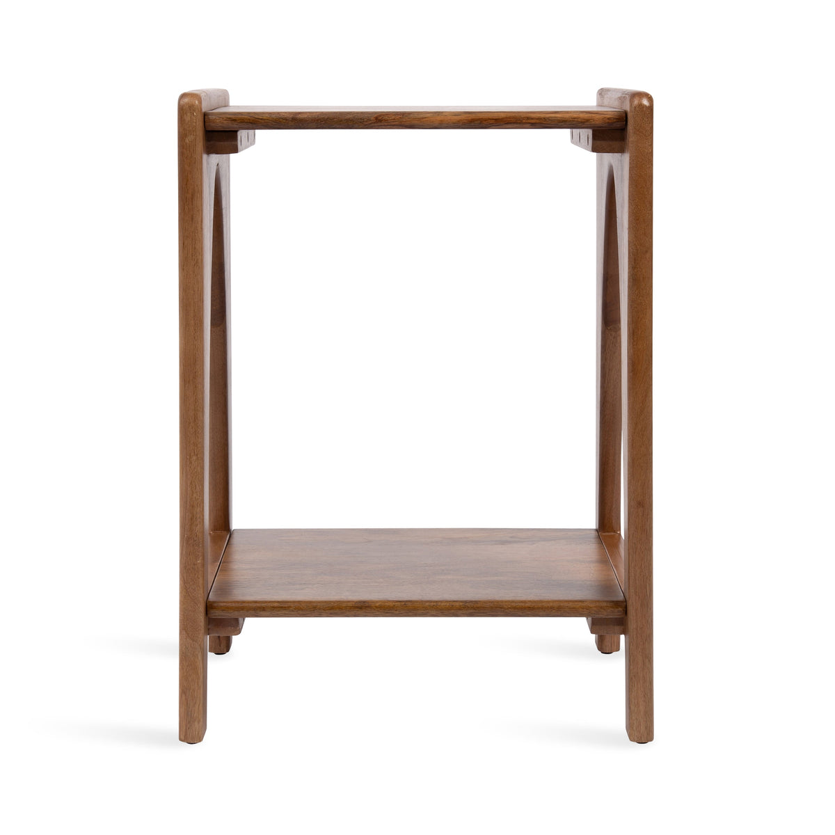 Minimalist wooden side table with rectangular top and lower shelf, supported by four vertical legs with rounded edges, in warm brown finish.