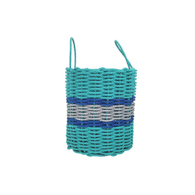 Handwoven storage basket made from Maine lobster rope in teal, light gray, and blue accents