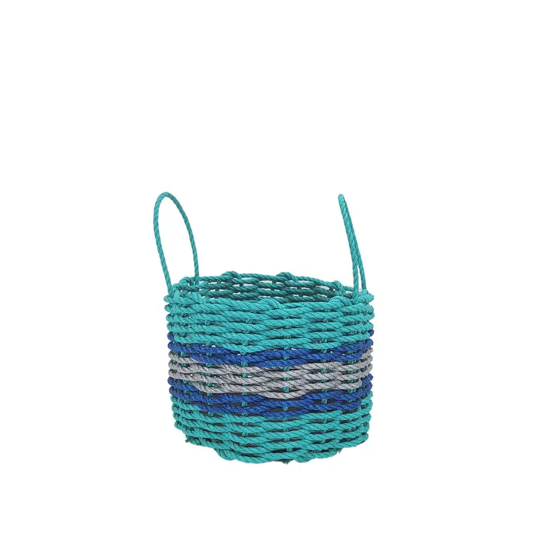 Handwoven storage basket made from Maine lobster rope in teal, light gray, and blue accents