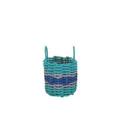 Handmade storage basket woven from teal and blue Maine lobster rope with light gray accents