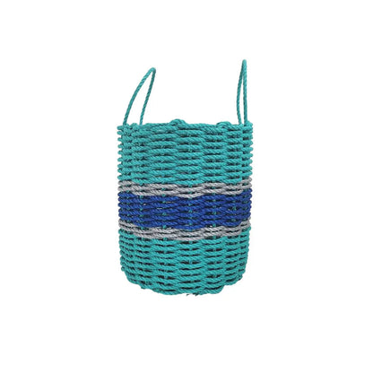 Handmade storage basket woven from teal and blue Maine lobster rope with light gray accents