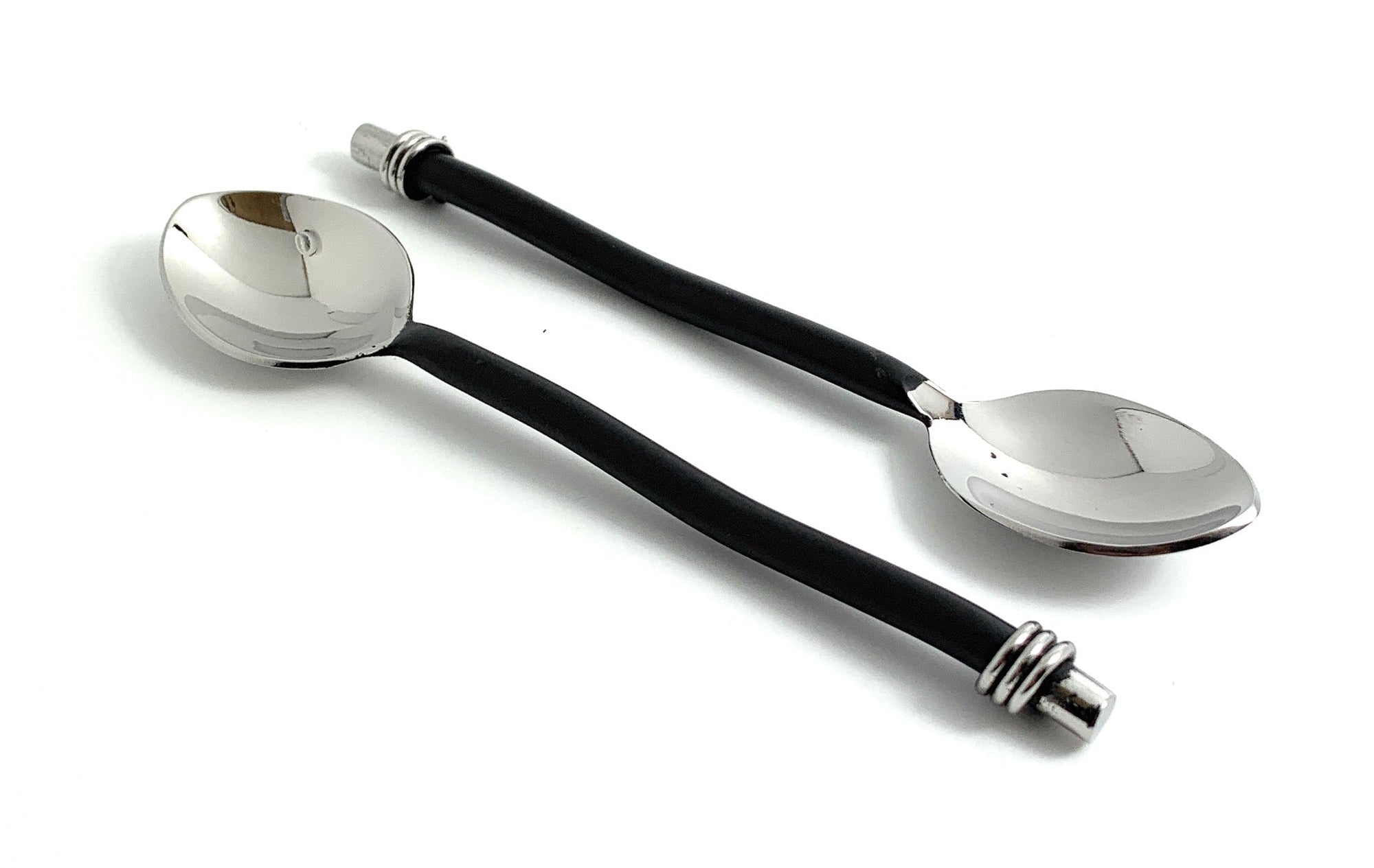 Set of six Vibhsa Black Silverware Teaspoons with twisted handles displayed on a white surface