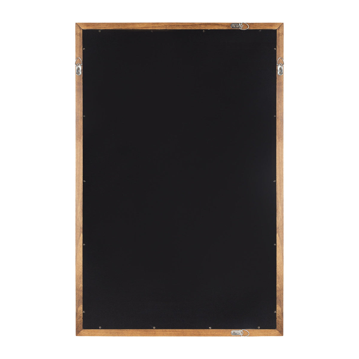 Rectangular wall mirror with a natural wood frame and a large black reflective surface, shown from the back with metal mounting hardware attached.