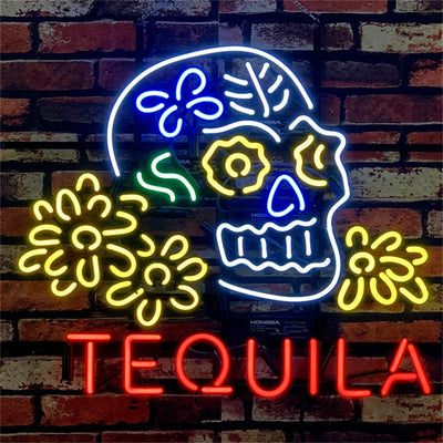 Tequila Lager Skull Bone with Flower Neon Sign Light glowing in dark room