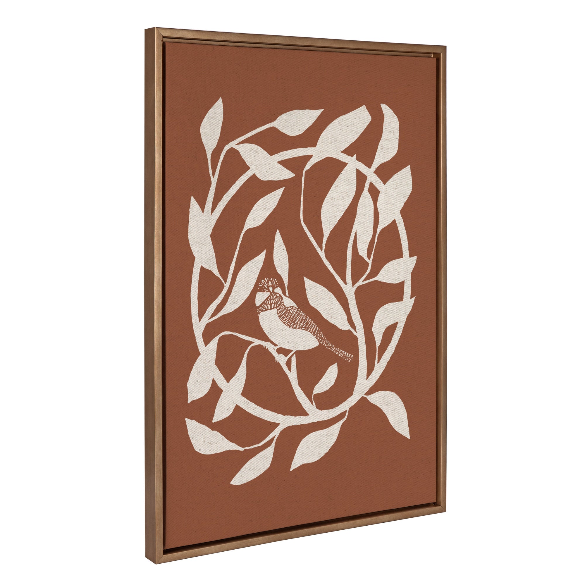 Sylvie HB Bird Branch Wreath framed canvas showing a bird perched among leaves in gold polystyrene frame