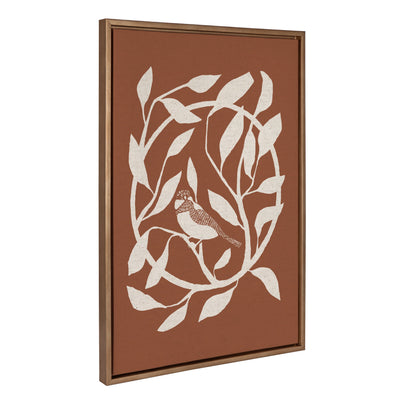 Sylvie HB Bird Branch Wreath framed canvas showing a bird perched among leaves in gold polystyrene frame