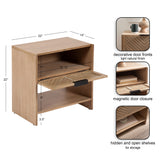 Light natural wood side table with angled decorative door front, magnetic closure, and hidden open shelves for storage, measuring 22x14x22 inches.