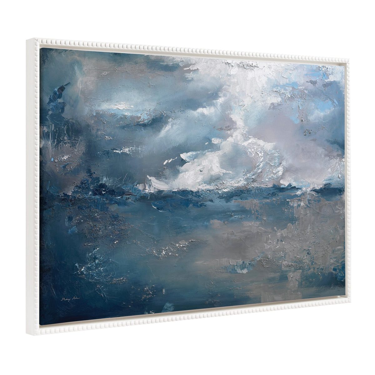 Abstract seascape painting in shades of blue and gray with textured brushstrokes and a white beaded frame, suggesting a turbulent sky above water.