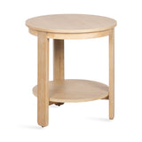 Light wood round side table with three straight legs and a lower circular shelf, shown against a white background.