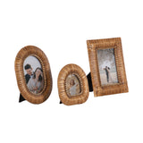 Set of three wicker picture frames with woven texture in oval, small rounded, and rectangular shapes, each holding a portrait photograph.