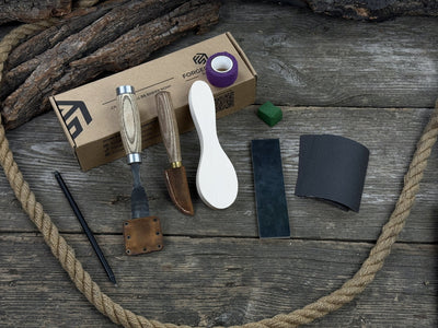The Ultimate Beginner’s Spoon Carving Kit with tools, wooden blank, sandpaper, and sharpening board