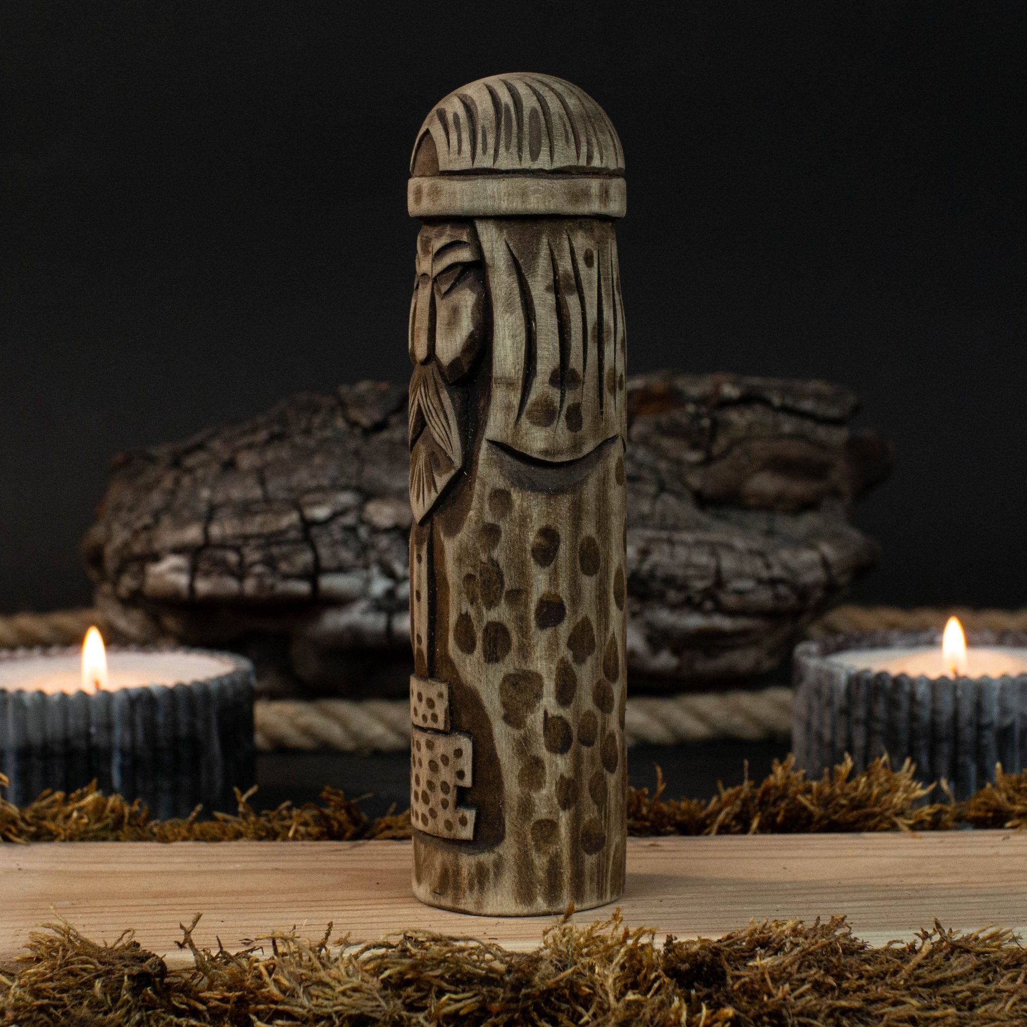 Hand-carved wooden figurine of Thor, Norse god of thunder, 14 cm tall