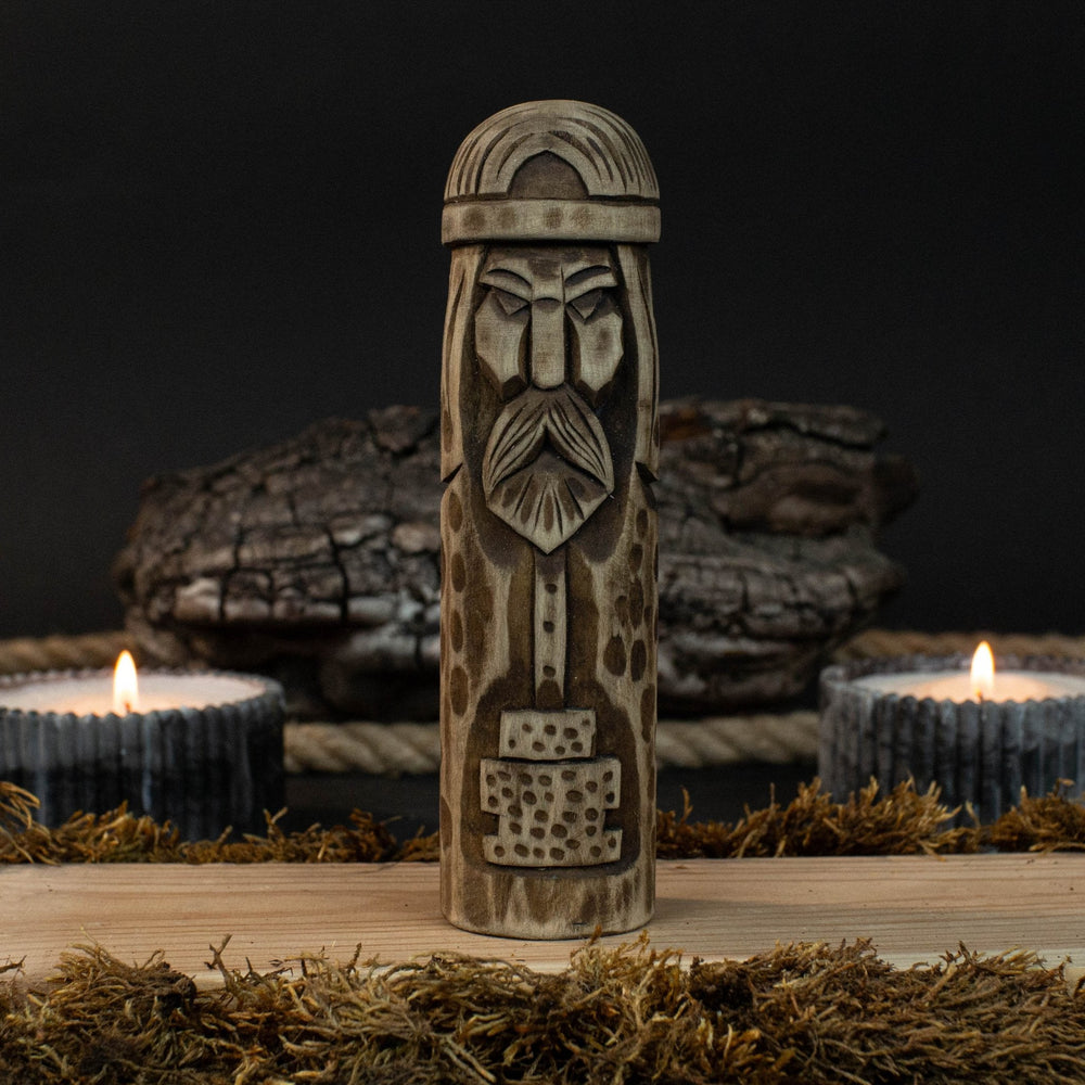 Hand-carved wooden figurine of Thor, Norse god of thunder, 14 cm tall