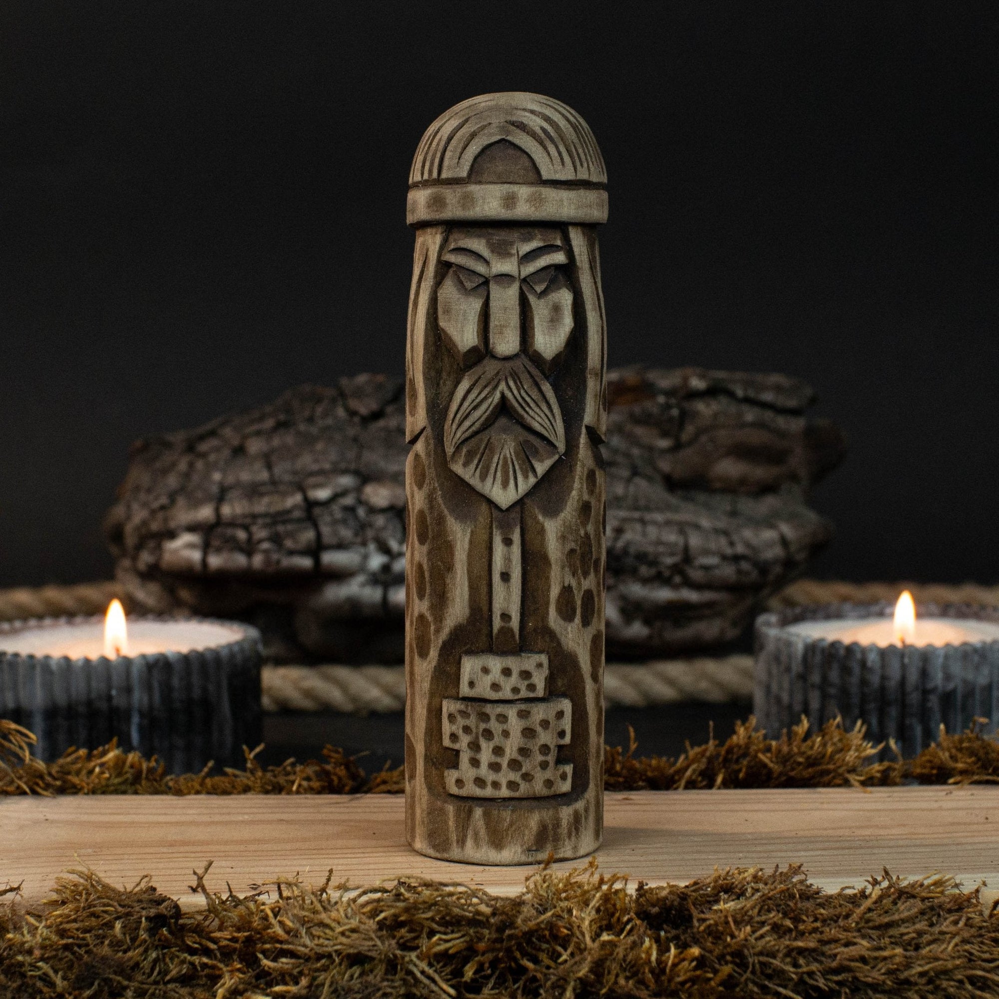 Hand-carved wooden figurine of Thor, Norse god of thunder, 14 cm tall