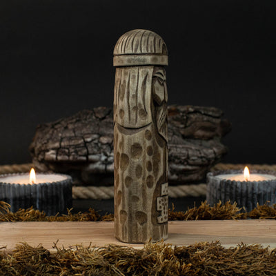 Hand-carved wooden figurine of Thor, Norse god of thunder, 14 cm tall