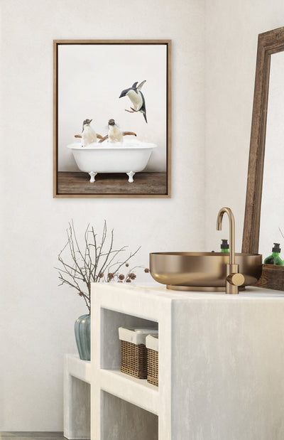 Sylvie Penguins Playing in Rustic Bath Framed Canvas by kateandlaurel - product image 10 for Resin Society