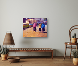 Painting of three girls walking away on a sunny street with colorful clothing and distant tents in warm, impressionistic tones.