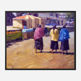 Impressionistic painting of three women walking away on a sunlit street, wearing vibrant shawls in red, yellow, and blue, with market stalls and figures blurred in the background.