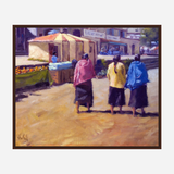Oil painting showing three women walking away on a sunlit street, each wearing brightly colored shawls of red, yellow, and blue over dark skirts.