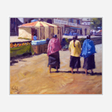 Impressionistic painting of three girls walking away on a sunlit street, wearing colorful shawls in pink, yellow, and blue with village booths and flowers in the background.