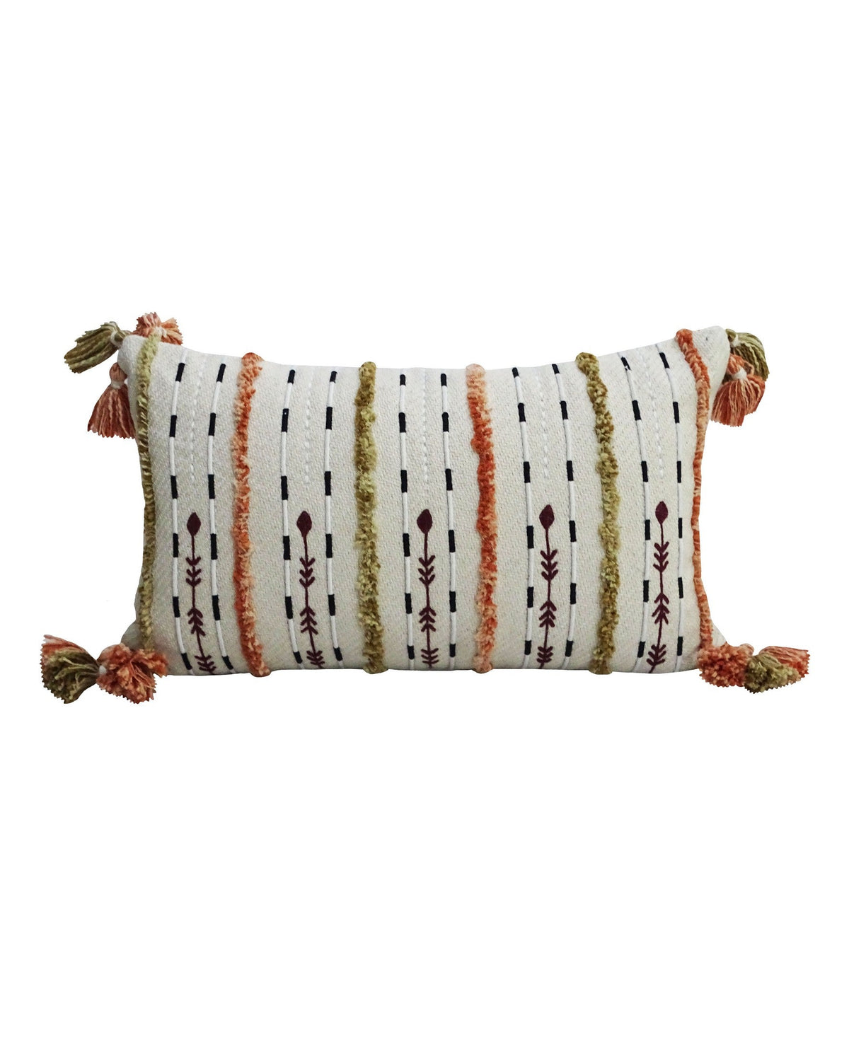 Rectangular handwoven throw pillow with vertical stripes in terracotta, olive green, and black on white fabric, featuring tassels at all four corners.