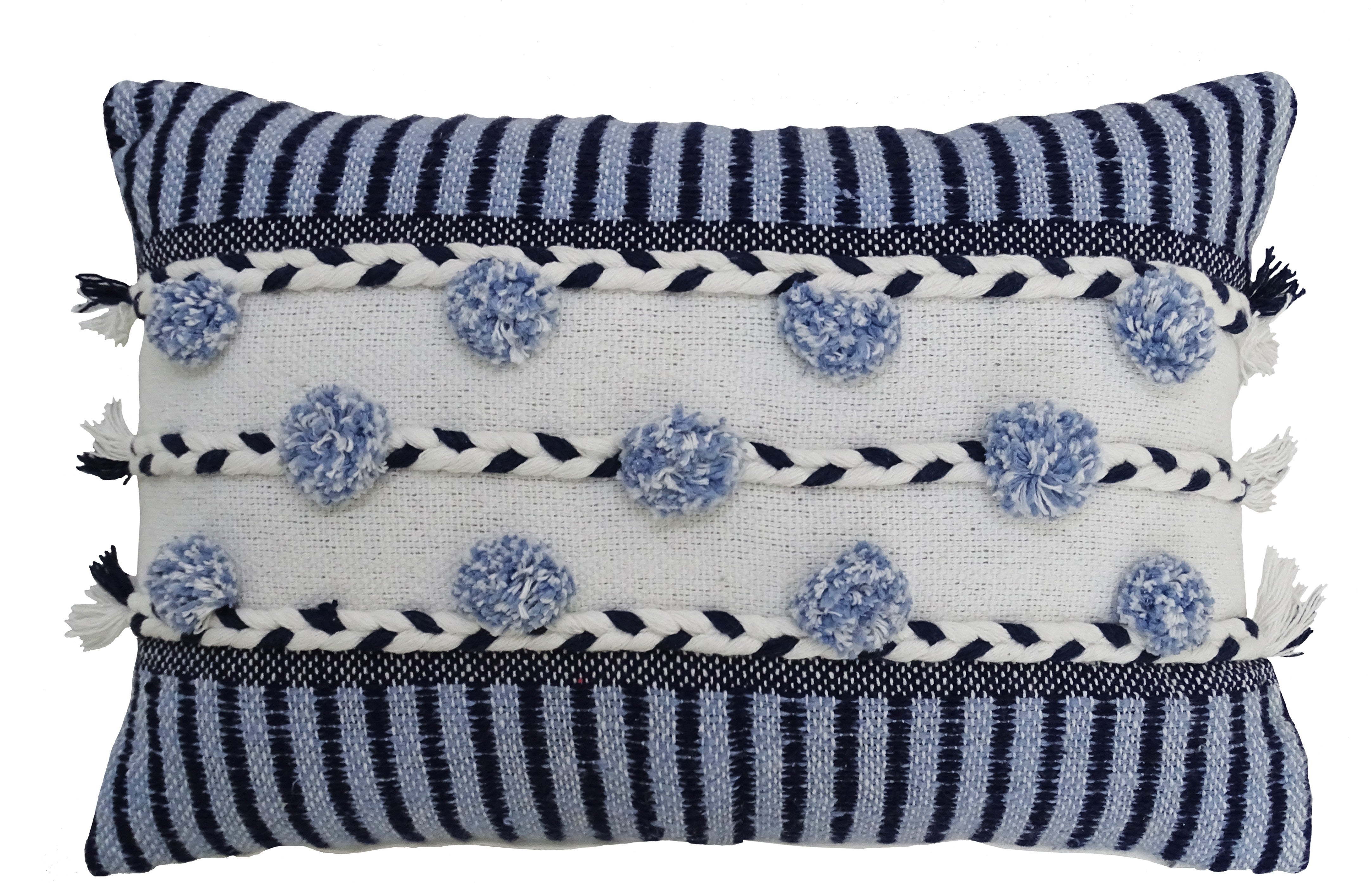 Striped throw pillow in blue and white with braided detail and tasseled fringe on sofa