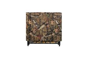 Woodhaven Full Firewood Rack Cover on firewood rack in outdoor setting
