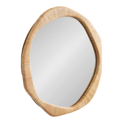 Rahfy Rattan Irregular Round Wall Mirror with textured natural rattan frame and irregular round reflective surface